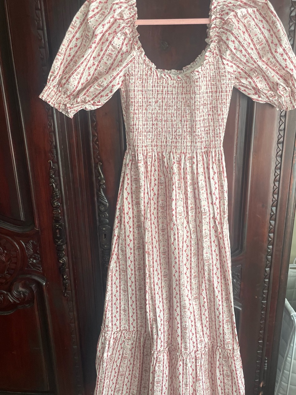 Hill House Cream and Pink Floral Smocked Midi Dress